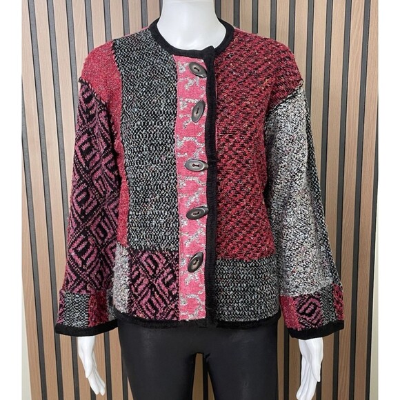 Laura Ashley Vintage Petite PS Patchwork Knit Cardigan Jacket Art Button Boho - Picture 1 of 9
